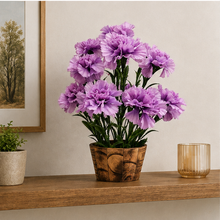 Artificial Long Carnation in circular wooden pot ( Height : 35 x Width : 24 )