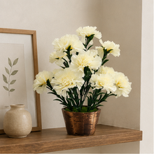 Artificial Long Carnation in circular wooden pot ( Height : 35 x Width : 24 )