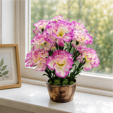 Artificial Long Carnation in circular wooden pot ( Height : 35 x Width : 24 )