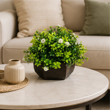 Artificial Flower Leaves in Wood Hexagon Pot - White - 14cm Height - Home & Office Decor Elegant Potted Plant for Tabletop Enhancement