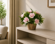 Artificial Carnation Flower Grass in Wood Pot - Home & Office Decor Elegant Potted Plant for Tabletop/Shelves Enhancement