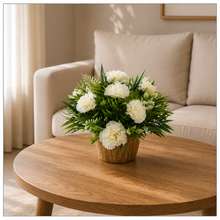 Artificial Carnation Flower Grass in Wood Pot - Home & Office Decor Elegant Potted Plant for Tabletop/Shelves Enhancement