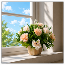 Artificial Carnation Flower Grass in Wood Pot - Home & Office Decor Elegant Potted Plant for Tabletop/Shelves Enhancement