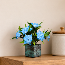 Single pc china 2 tone rose (7 flowers  + 7 bamboo leaves) in printed wood pot