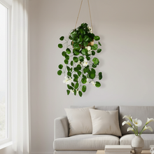 DecoreBugs Presents: Artificial Blossom Flowers with Wooden Pot, Hanging Plants, Leaves, and Creepers for Living Room Decoration, Home Decor and Beautify Your Wall (White) (Height 40 CM)