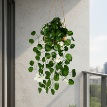 DecoreBugs Presents: Artificial Blossom Flowers with Wooden Pot, Hanging Plants, Leaves, and Creepers for Living Room Decoration, Home Decor and Beautify Your Wall (White) (Height 40 CM)