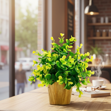 Artificial Tulsi Yellow Leaves in Small Wood Pot (Height 20 cm)