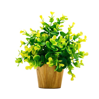 Artificial Tulsi Yellow Leaves in Small Wood Pot (Height 20 cm)