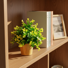 Artificial Tulsi Yellow Leaves in Small Wood Pot (Height 20 cm)