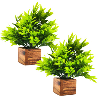 Artificial Plant Leaves with Wooden Pot - Set of 2 for Indoor Home Office D‚cor: Realistic, Easy to Maintain Faux Desk Plant