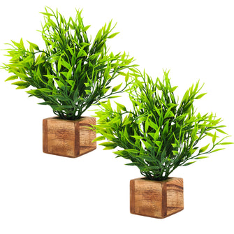 Artificial Plant Leaves with Wooden Pot - Set of 2 for Indoor Home Office D‚cor: Realistic, Easy to Maintain Faux Desk Plant