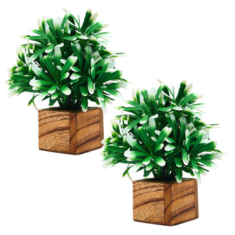 Artificial Plant Leaves with Wooden Pot - Set of 2 for Indoor Home Office D‚cor: Realistic, Easy to Maintain Faux Desk Plant