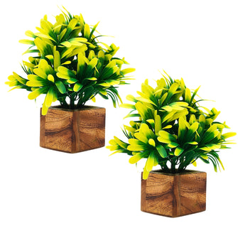 Artificial Plant Leaves with Wooden Pot - Set of 2 for Indoor Home Office D‚cor: Realistic, Easy to Maintain Faux Desk Plant