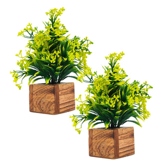 Artificial Plant Leaves with Wooden Pot - Set of 2 for Indoor Home Office D‚cor: Realistic, Easy to Maintain Faux Desk Plant