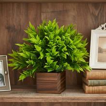 Artificial Green Leaves Wood Pot ( Height 18 cm)