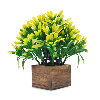 Artificial Euphorbia Yellow Leaves in Wood Pot ( Height 18 cm)