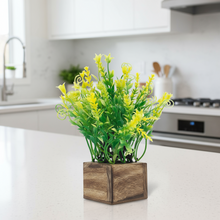 Artificial Grass Yellow Leaves in Wood Pot ( Height 18 cm)