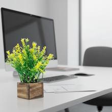 Artificial Grass Yellow Leaves in Wood Pot ( Height 18 cm)