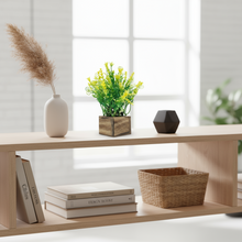 Artificial Grass Yellow Leaves in Wood Pot ( Height 18 cm)