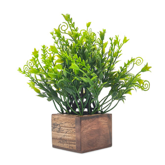 Artificial Grass Green Leaves in Wood Pot ( Height 18 cm)