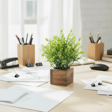 Artificial Grass Green Leaves in Wood Pot ( Height 18 cm)