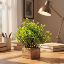 Artificial Grass Green Leaves in Wood Pot ( Height 18 cm)