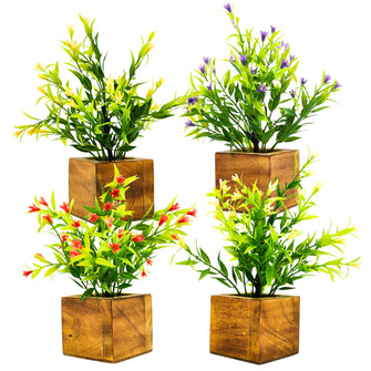 Artificial Flower Potted Plants in Wooden Pot (4 Pack)  Height 18 cm