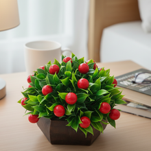 Artificial Fruit Cherry in Wood Hexagon Pot - 15cm Height - Home & Office Decor Elegant Potted Plant for Tabletop Enhancement