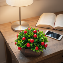 Artificial Fruit Cherry in Wood Hexagon Pot - 15cm Height - Home & Office Decor Elegant Potted Plant for Tabletop Enhancement