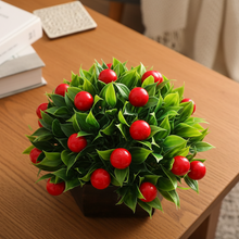 Artificial Fruit Cherry in Wood Hexagon Pot - 15cm Height - Home & Office Decor Elegant Potted Plant for Tabletop Enhancement