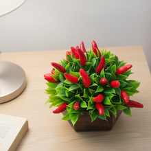 Artificial Plant Chilli in Wood Hexagon Pot - 15cm Height - Home & Office Decor Elegant Potted Plant for Tabletop Enhancement