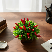 Artificial Plant Chilli in Wood Hexagon Pot - 15cm Height - Home & Office Decor Elegant Potted Plant for Tabletop Enhancement