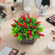 Artificial Plant Chilli in Wood Hexagon Pot - 15cm Height - Home & Office Decor Elegant Potted Plant for Tabletop Enhancement