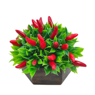 Artificial Plant Chilli in Wood Hexagon Pot - 15cm Height - Home & Office Decor Elegant Potted Plant for Tabletop Enhancement