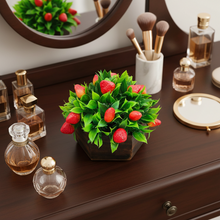 Artificial Strawberry in Wood Hexagon Pot - 15cm Height - Home & Office Decor Elegant Potted Plant for Tabletop Enhancement