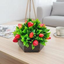 Artificial Strawberry in Wood Hexagon Pot - 15cm Height - Home & Office Decor Elegant Potted Plant for Tabletop Enhancement