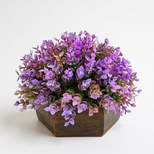Artificial Hackleberry Purple Plant in Wood Hexagon Pot - 15cm Height - Home & Office Decor Elegant Potted Plant for Tabletop Enhancement