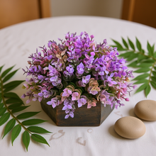 Artificial Hackleberry Purple Plant in Wood Hexagon Pot - 15cm Height - Home & Office Decor Elegant Potted Plant for Tabletop Enhancement