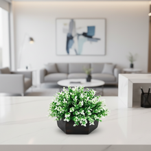 Artificial Hackleberry White Plant in Wood Hexagon Pot - 15cm Height - Home & Office Decor Elegant Potted Plant for Tabletop Enhancement