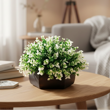 Artificial Hackleberry White Plant in Wood Hexagon Pot - 15cm Height - Home & Office Decor Elegant Potted Plant for Tabletop Enhancement