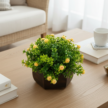 Artificial Flower Leaves in Wood Hexagon Pot - Yellow - 14cm Height - Home & Office Decor Elegant Potted Plant for Tabletop Enhancement