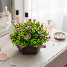 Artificial Flower Leaves in Wood Hexagon Pot - Purple - 14cm Height - Home & Office Decor Elegant Potted Plant for Tabletop Enhancement