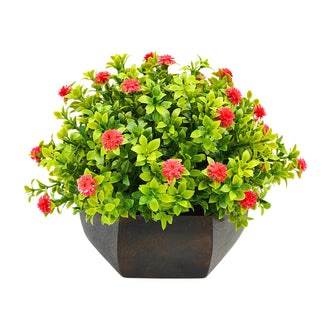 Artificial Flower Leaves in Wood Hexagon Pot - Red - 14cm Height - Home & Office Decor Elegant Potted Plant for Tabletop Enhancement