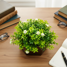 Artificial Flower Leaves in Wood Hexagon Pot - White - 14cm Height - Home & Office Decor Elegant Potted Plant for Tabletop Enhancement