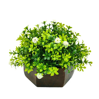 Artificial Flower Leaves in Wood Hexagon Pot - White - 14cm Height - Home & Office Decor Elegant Potted Plant for Tabletop Enhancement