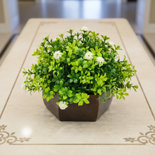 Artificial Flower Leaves in Wood Hexagon Pot - White - 14cm Height - Home & Office Decor Elegant Potted Plant for Tabletop Enhancement