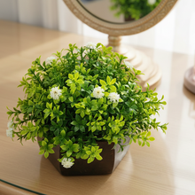 Artificial Flower Leaves in Wood Hexagon Pot - White - 14cm Height - Home & Office Decor Elegant Potted Plant for Tabletop Enhancement