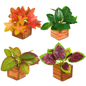 Artificial Leaves Plant in Small Wood Pot - 12cm Height - Pack of 4 - Home & Office Decor Elegant Potted Plant for Tabletop/Shelves Enhancement