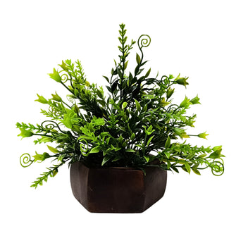 Artificial Leaves Plant with Wood Hexagon Pot ( Height 16.5 cm)