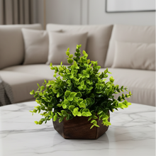 Artificial Leaves Plant with Wood Hexagon Pot ( Height 16.5 cm)